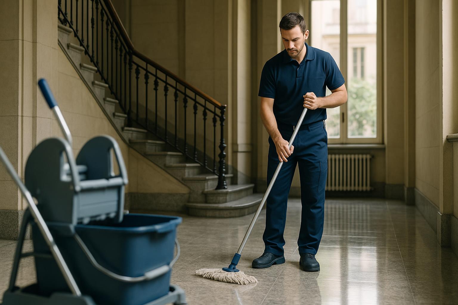 Operatore Pentapulizie in atrio condominiale milanese